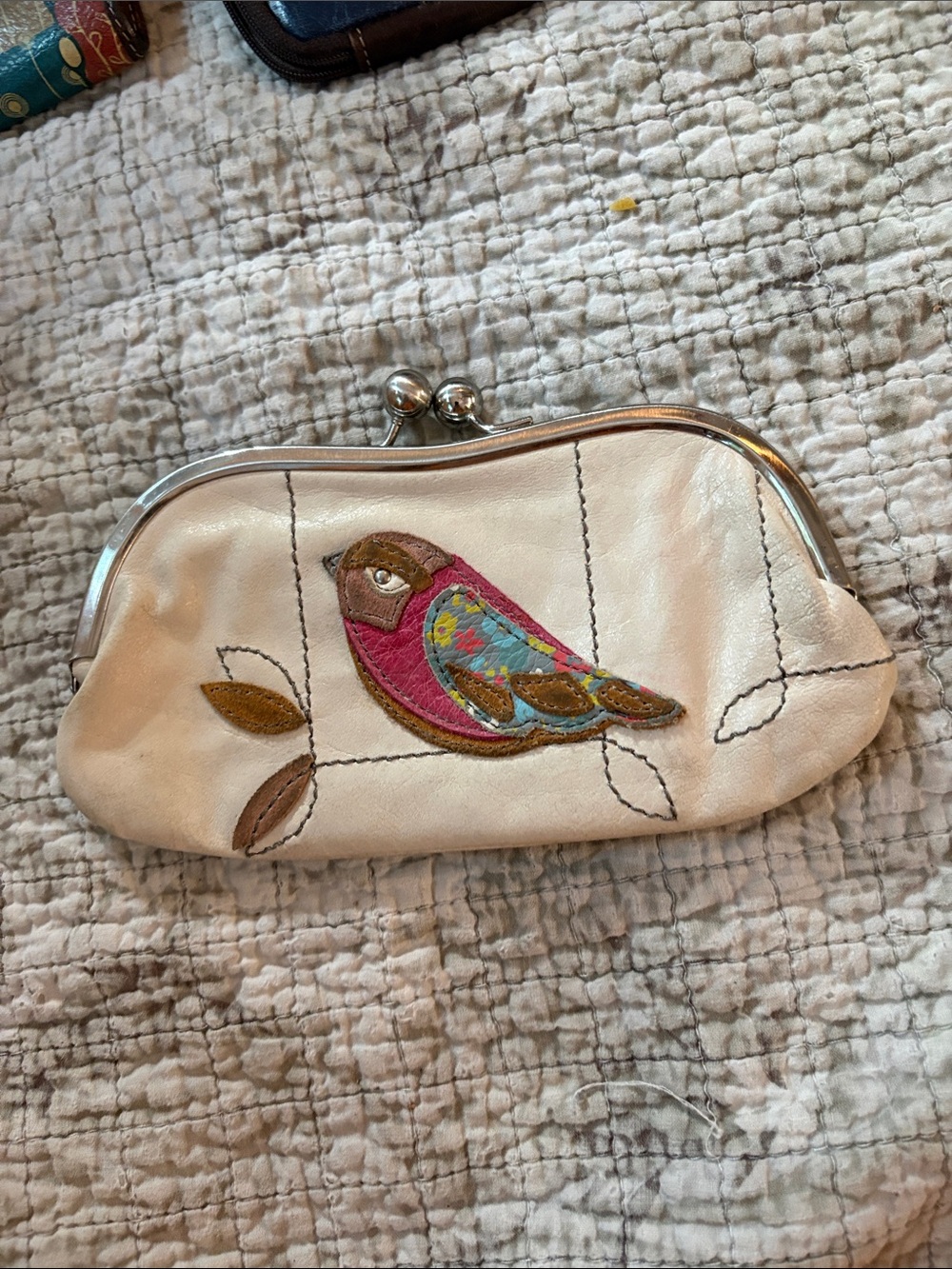 Fossil White Leather Bird-Embroidered Coin Purse